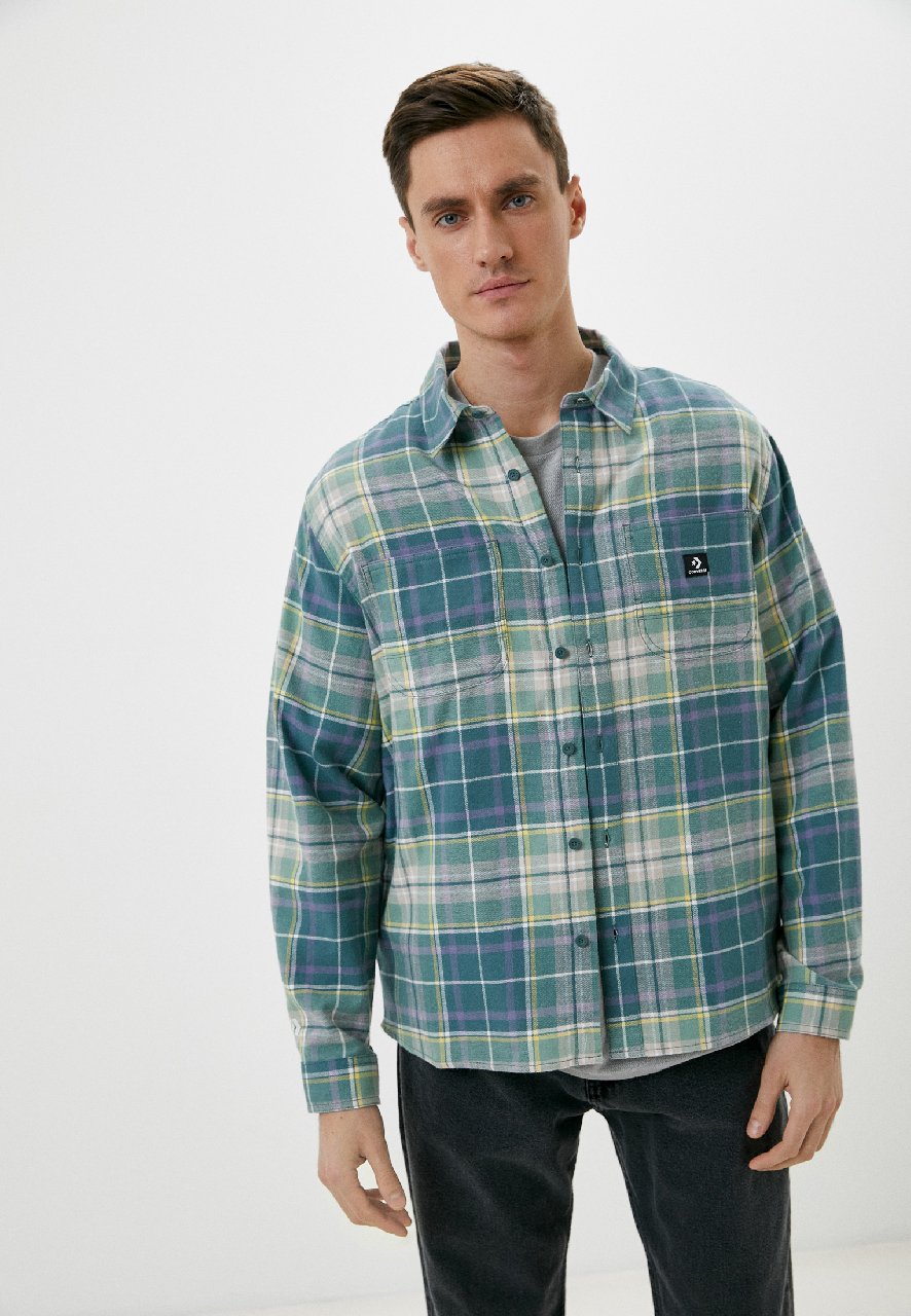 CONVERSE Woven Long Sleeve Button Down COOL SAGE TARTAN PLAID