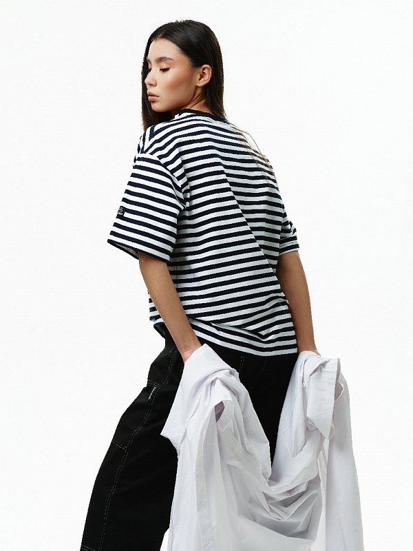 Футболка THE BAD FRIENDS UNIBasic left sleeve logo 250гр Stripes белый-т.синий