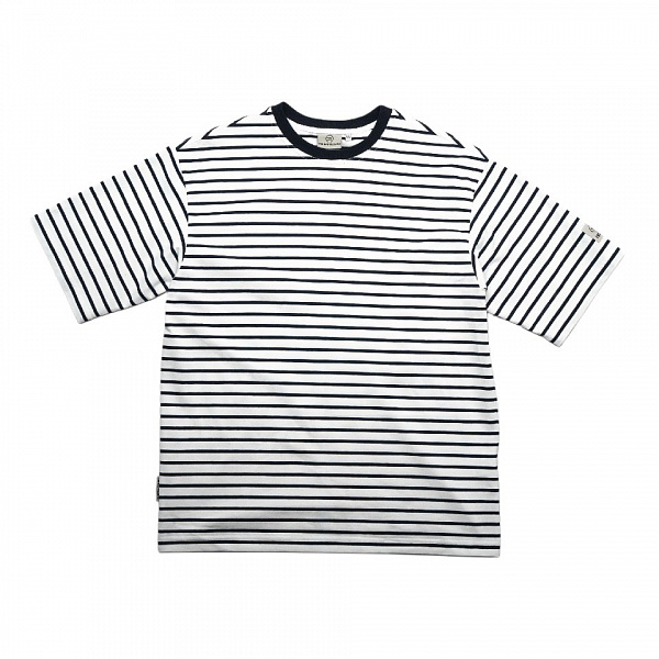 Футболка THE BAD FRIENDS UNIBasic left sleeve logo 200гр Stripes белый-т.синий