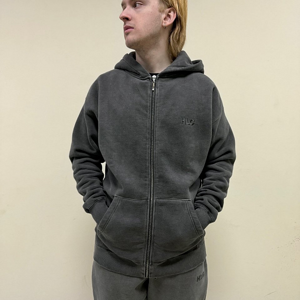 Худи на молнии HARD LUNCH garment dye темно-серый начес