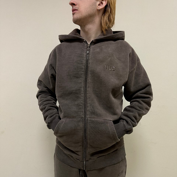 Худи на молнии HARD LUNCH garment dye кофейный начес