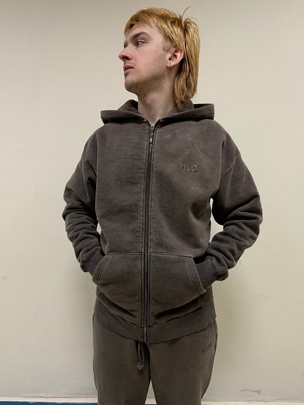 Худи на молнии HARD LUNCH garment dye кофейный начес
